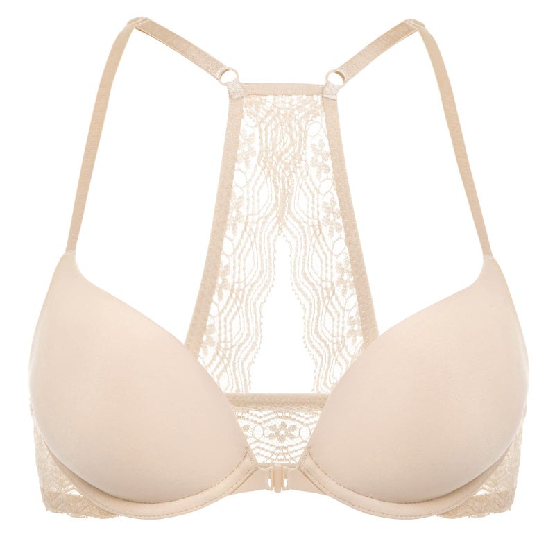 DOBREVA Women's Push Up Bra Racerback Front Closure Bras Plunge Underwire Tshirt Padded Lace Beige 38D - Image 5